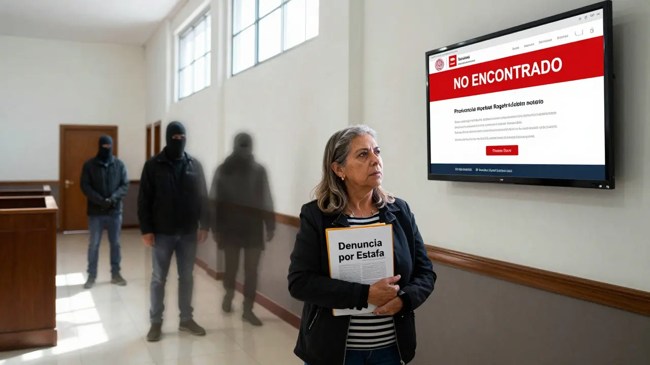 Mujer en un pasillo de tribunal en Rosario sosteniendo una denuncia por estafa inmobiliaria.