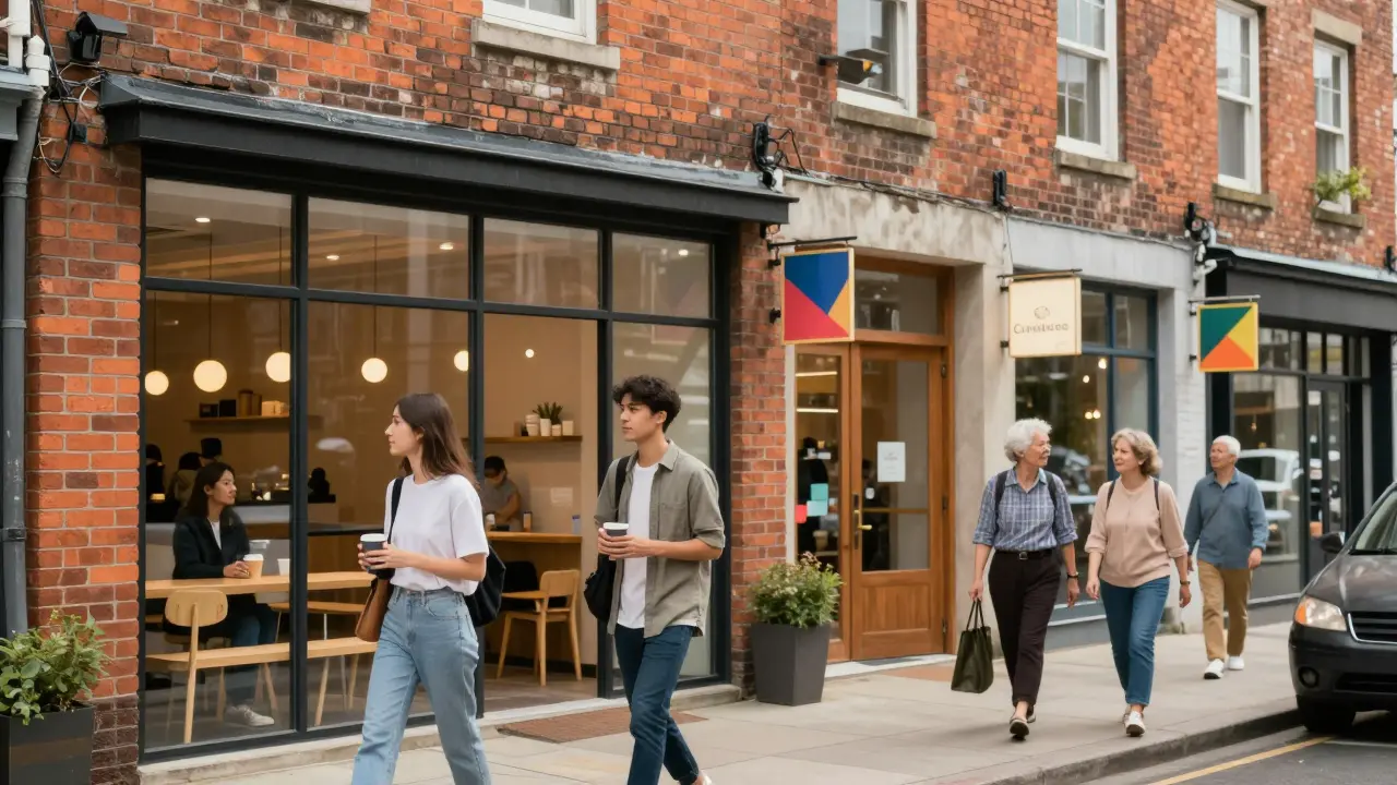 Nueva tienda y cafetería boutique abriendo en fachada antigua con gente pasando