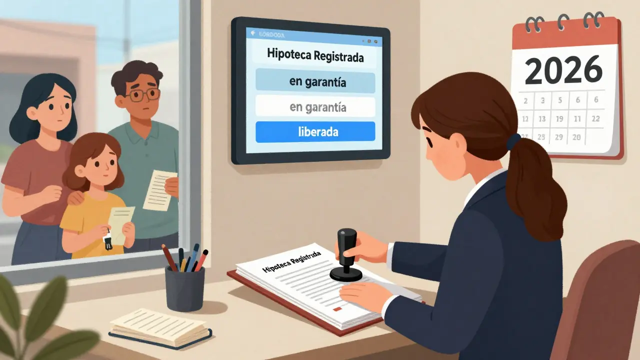 Oficina de registro inmobiliario en Córdoba, se inscribe hipoteca de venta directa en 2026.