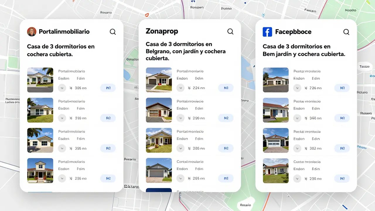 Pantalla dividida mostrando tres plataformas inmobiliarias con anuncios detallados y filtros de búsqueda en Rosario.