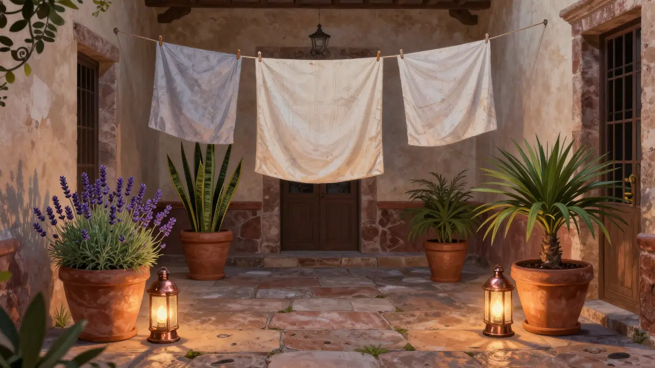 Patio tradicional con adoquines, lámparas de cobre y plantas resistentes, ropa tendida al fondo al atardecer.