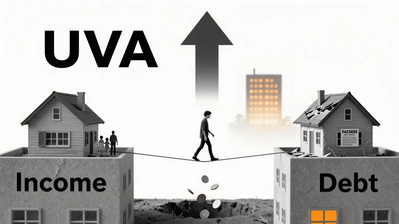Persona caminando sobre una cuerda entre ingreso y deuda, con flecha UVA ascendente y cooperativa iluminada al fondo.