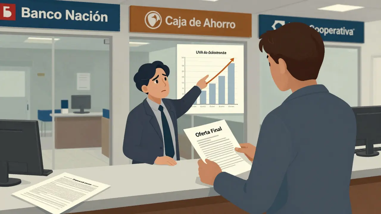 Persona en banco frente a un gráfico de ajuste UVA mientras otras entidades financieras se ven al fondo.