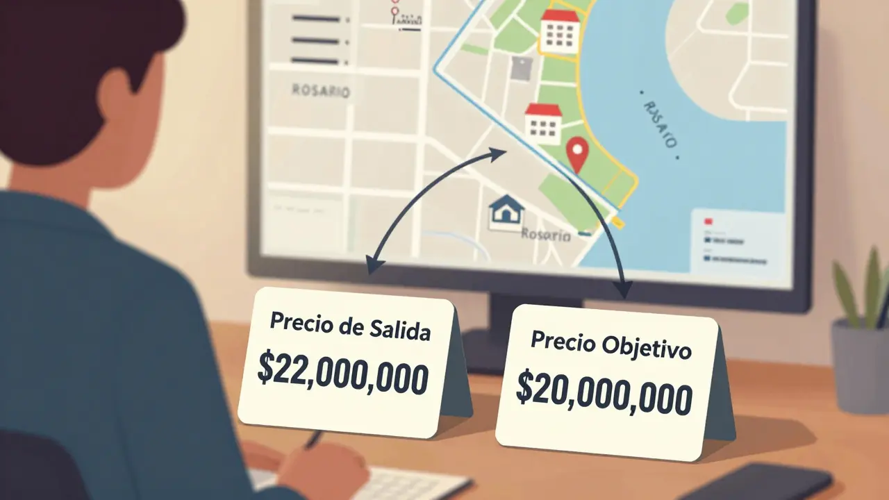 Persona en escritorio con dos tarjetas de precios: salida y objetivo, mapa de Rosario al fondo.