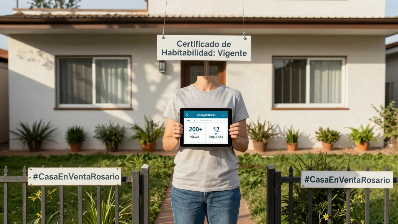 Persona frente a casa en venta con certificado de habitabilidad visible y hashtag local en el jardín.