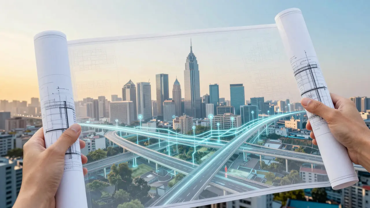 Planos arquitectónicos superpuestos sobre ciudad futura