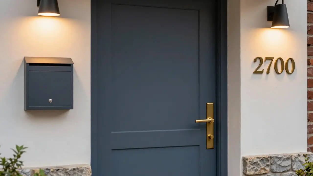 Primera puerta pintada de color oscuro con iluminación cálida y detalles modernos