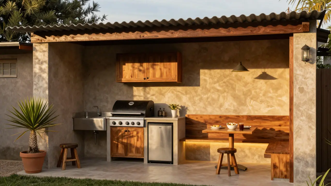 Quincho con techo de metal, fregadero de acero inoxidable, heladera pequeña y mueble de almacenamiento, luz suave de atardecer.