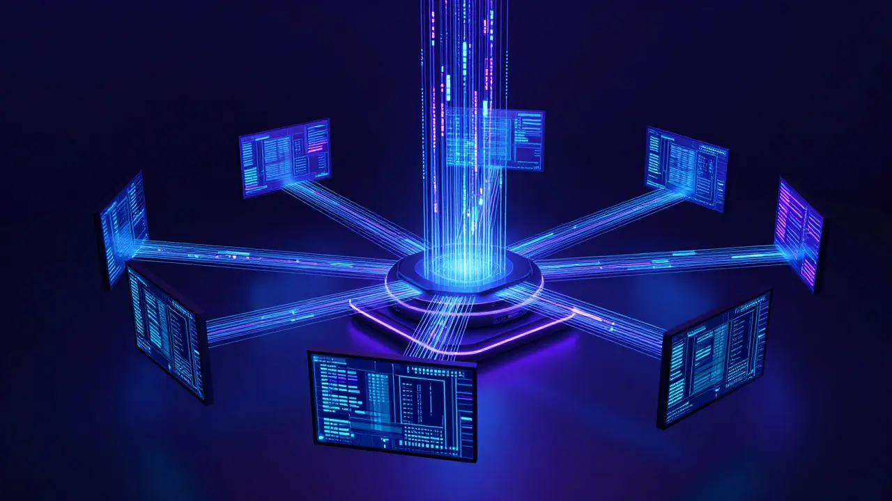 Red de datos conectando múltiples portales a un dispositivo central.