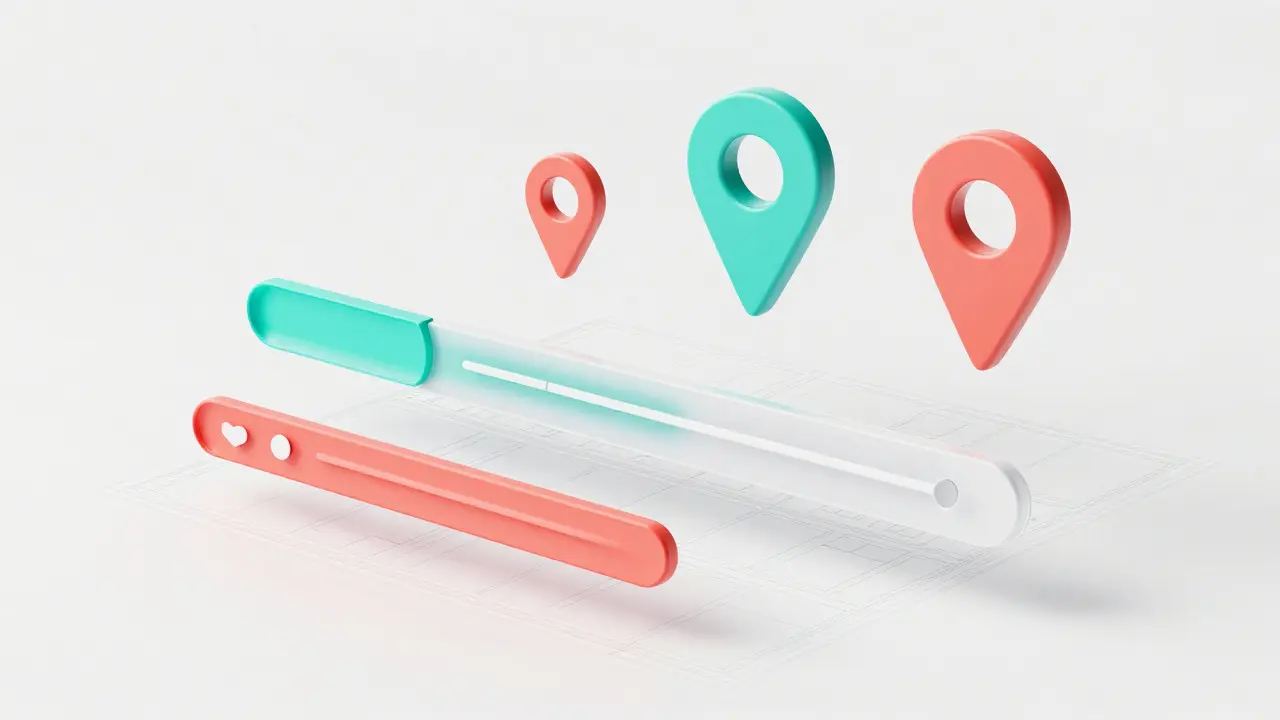 Representación abstracta de filtros de búsqueda y ubicación flotantes.