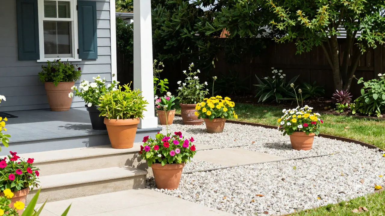Sendero del jardín delantero limpio con macetas y plantas ordenadas