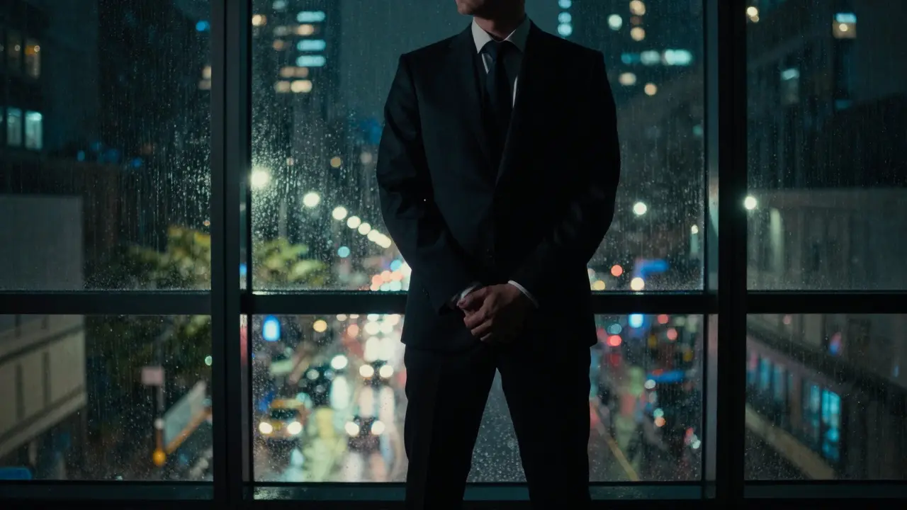 Silueta de inversionista mirando ciudad nocturna desde una oficina alta.