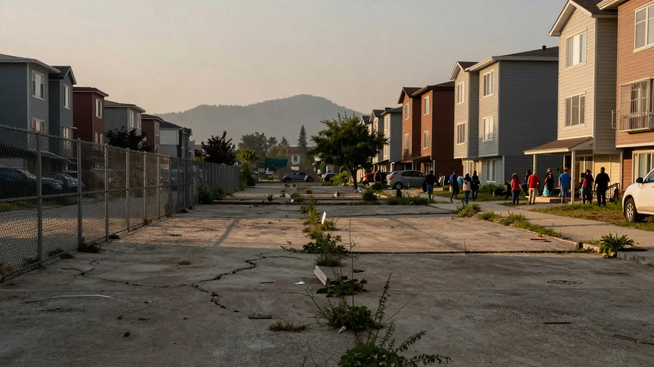 Terreno vacío frente a viviendas densas en barrio