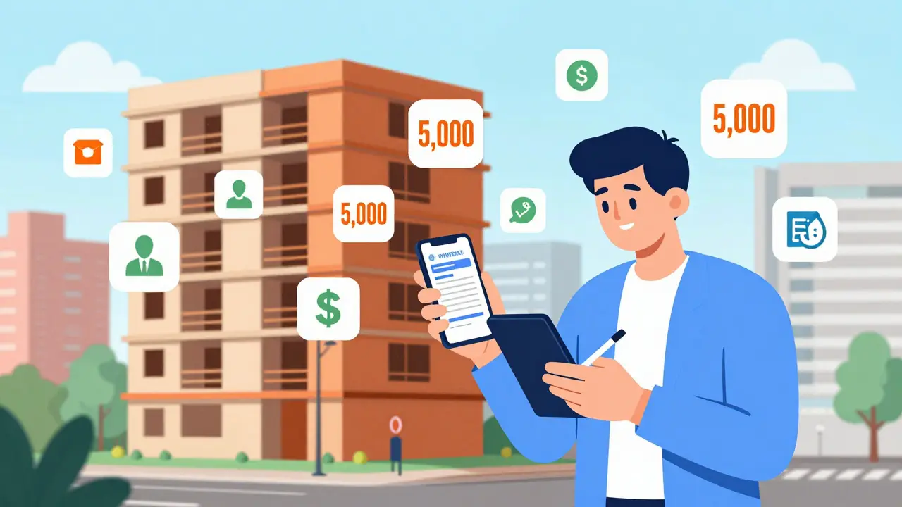 Un inversor firma un contrato digital frente a un edificio en construcción en Mendoza, con iconos de inversiones flotando alrededor.