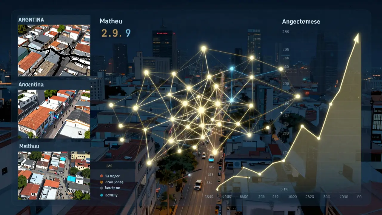 Un tablero digital muestra flujos de datos de drones, transporte y tendencias de precios en tiempo real.