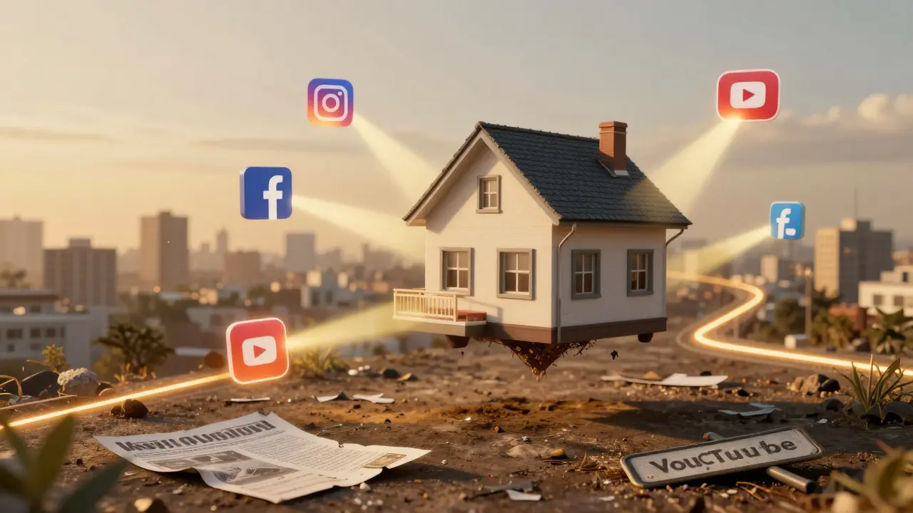 Una casa flotante conectada por haces de luz a íconos de redes sociales, mientras folletos antiguos se desgastan en el suelo.