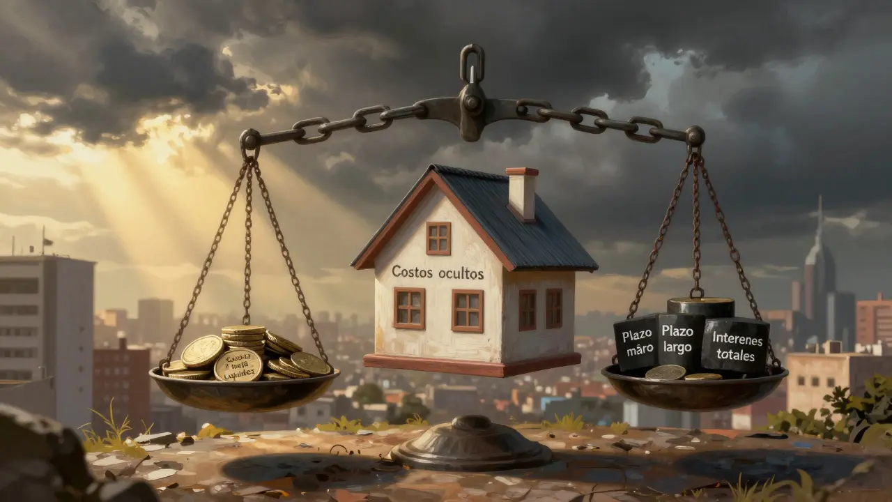 Una casa flotante sobre una balanza que compara ahorros a corto plazo con costos totales a largo plazo.