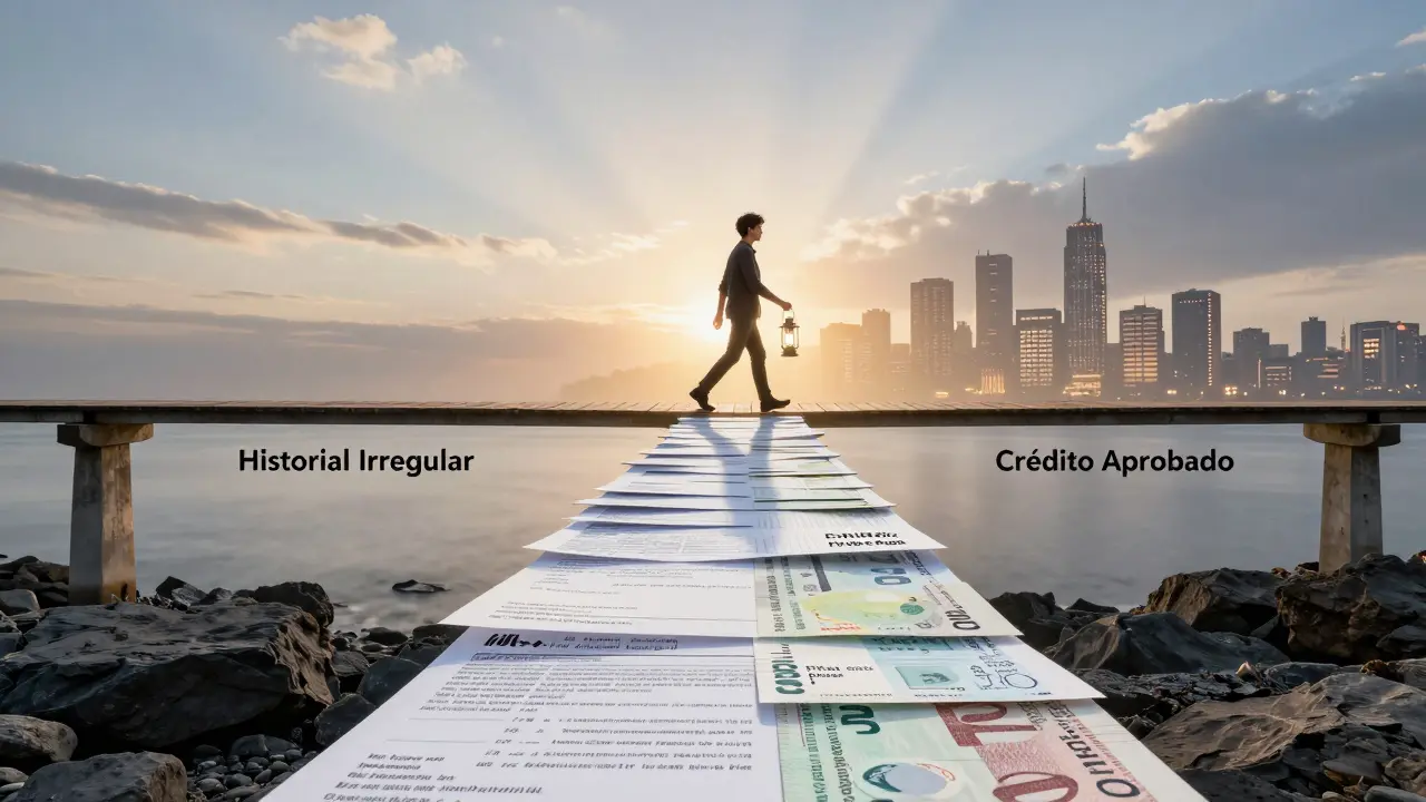 Una figura camina sobre un puente de documentos financieros hacia una ciudad que representa el crédito aprobado.