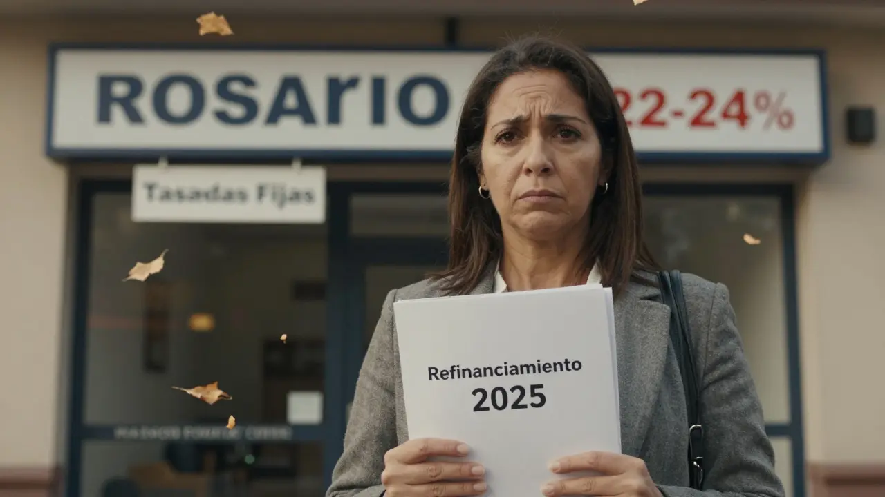 Una mujer frente a una oficina inmobiliaria en Rosario, sosteniendo documentos de refinanciamiento con tasas fijas.