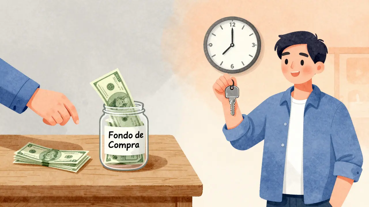 Una persona ahorra dinero mensualmente en un frasco mientras, años después, gira una llave frente a una casa.