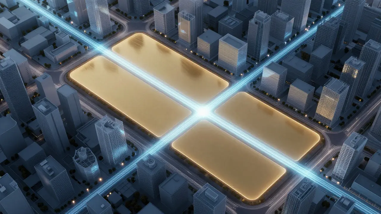 Vista aérea de zona urbana con líneas de transporte planificadas sobre el suelo.