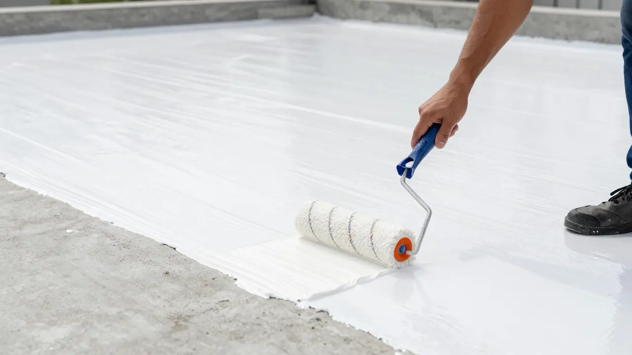 Aplicación de resina de poliuretano líquido blanco sobre una terraza de concreto