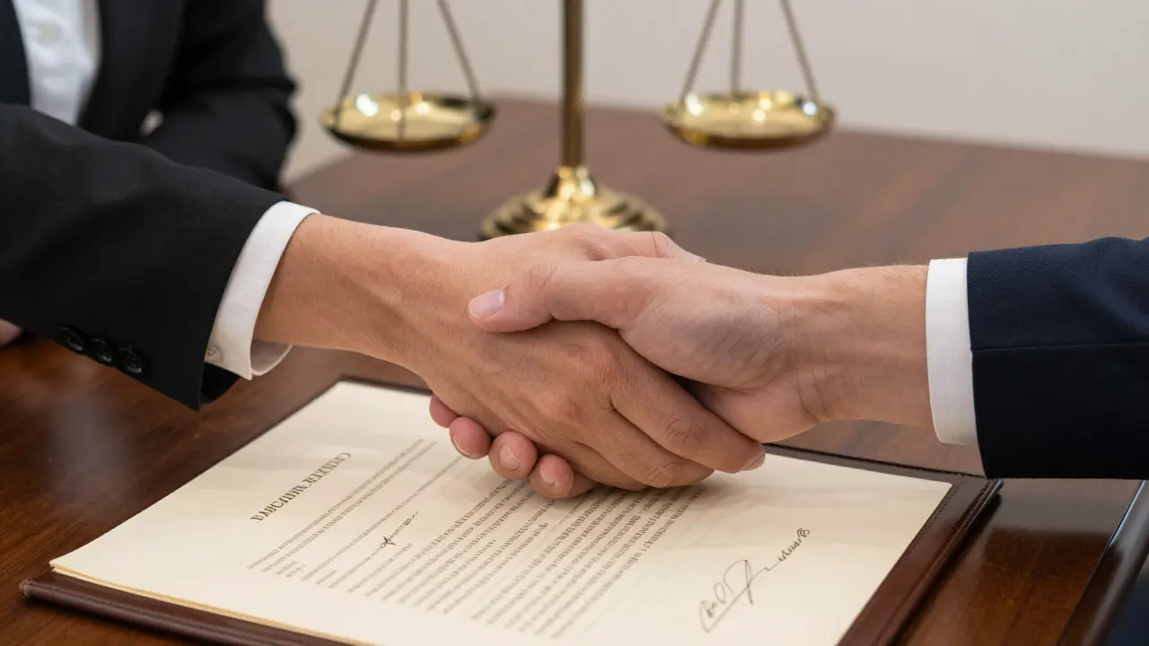 Apretón de manos sobre la escritura pública en una notaría.