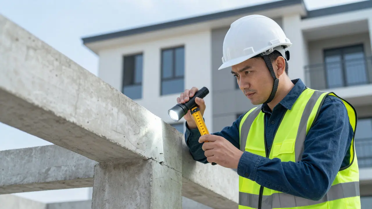 Arquitecto perito inspeccionando una grieta estructural en una viga de concreto.