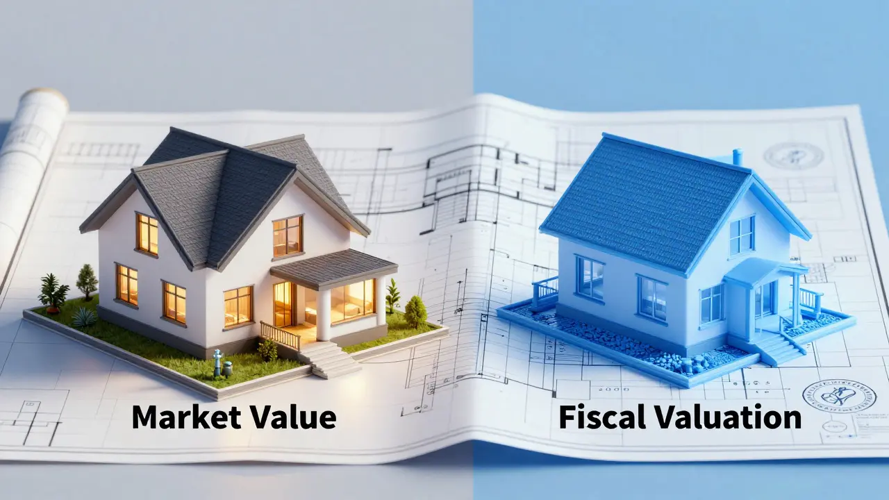 Balanza comparando el valor de mercado de una casa con su valuación fiscal.