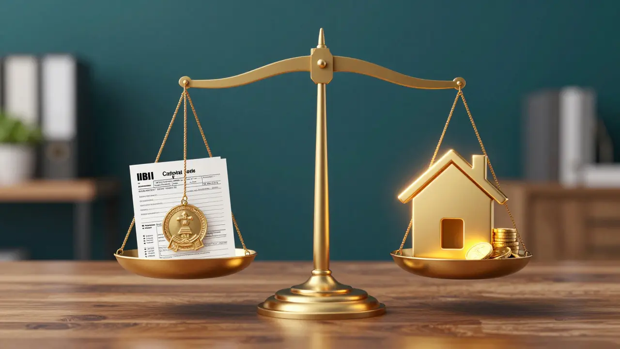 Balanza conceptual comparando un sello gubernamental con una casa dorada y monedas.