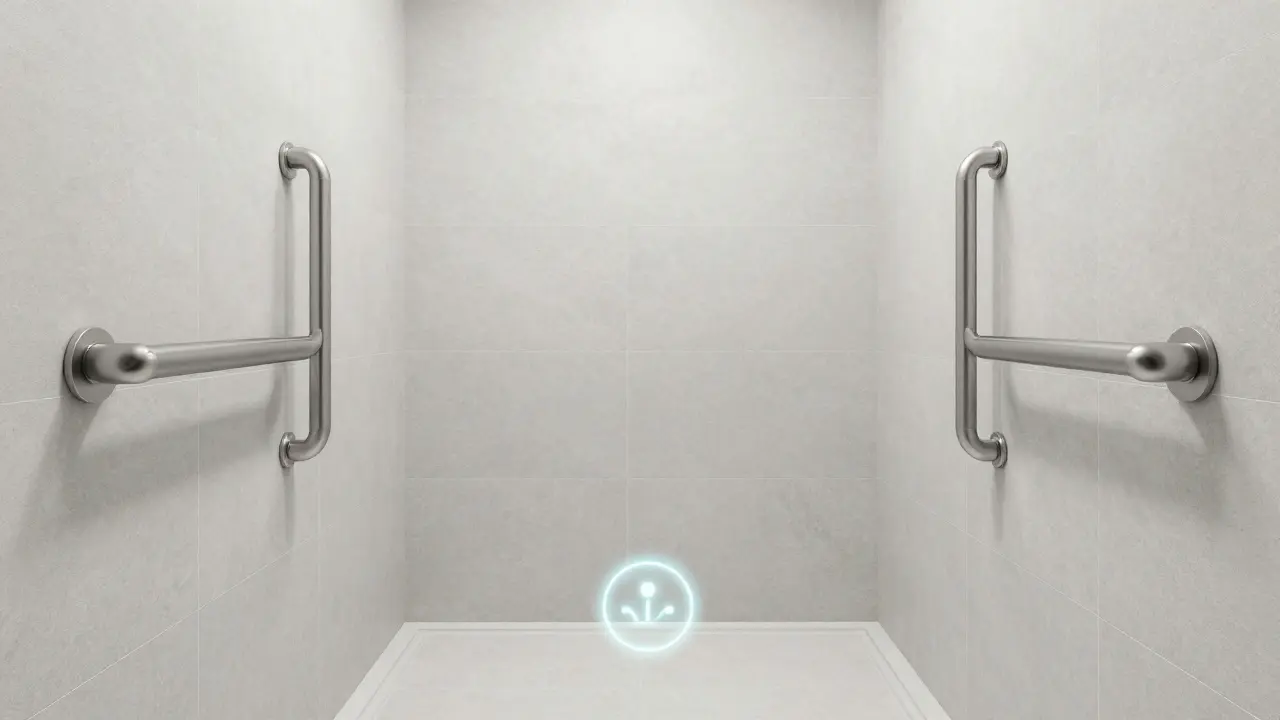 Baño accesible con ducha a ras de suelo, barras de seguridad y tecnología de domótica integrada.