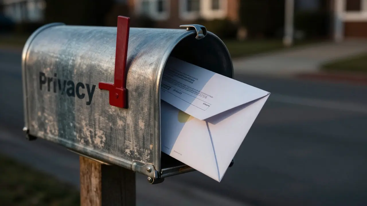 Buzón de correo antiguo con sobres y estados de cuenta expuestos en la calle.