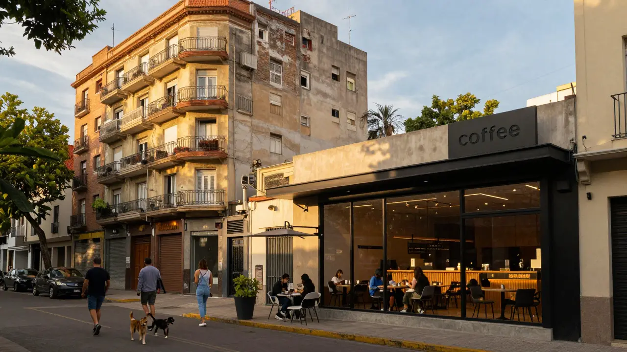 Calle de Chacarita con una cafetería moderna frente a un edificio de apartamentos antiguo.
