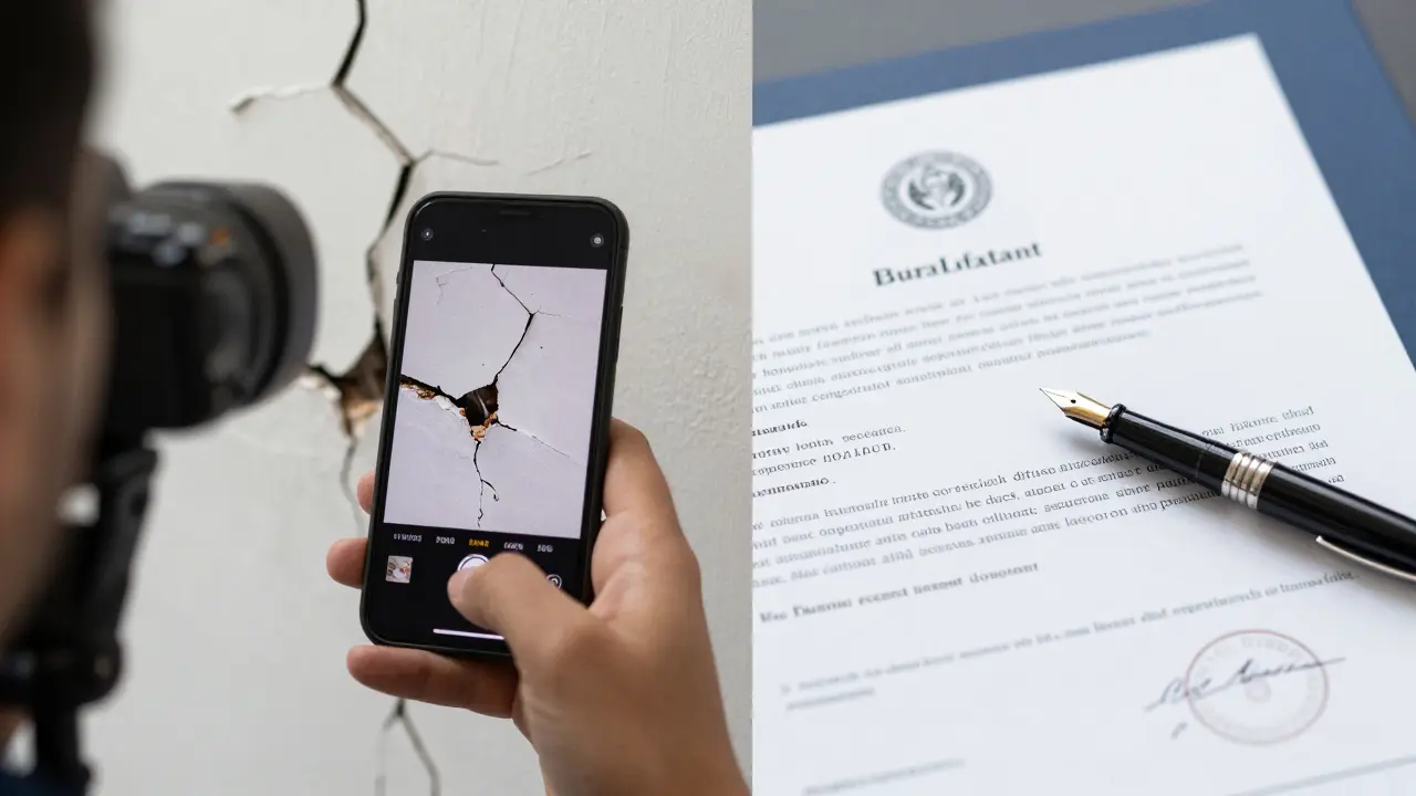 Cámara tomando fotos de fallos constructivos junto a un documento legal formal.
