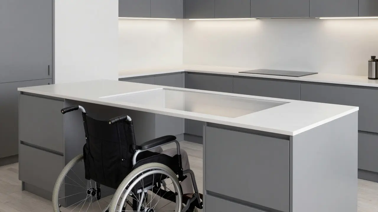 Cocina moderna con encimera suspendida y cajones extraíbles diseñados para acceso en silla de ruedas.