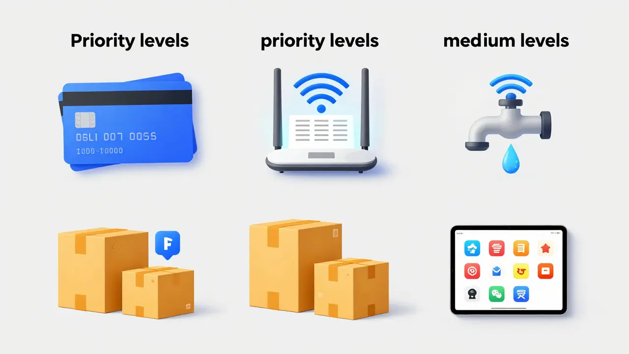 Composición conceptual de prioridades: documentos bancarios, router de internet y paquetes de compras.