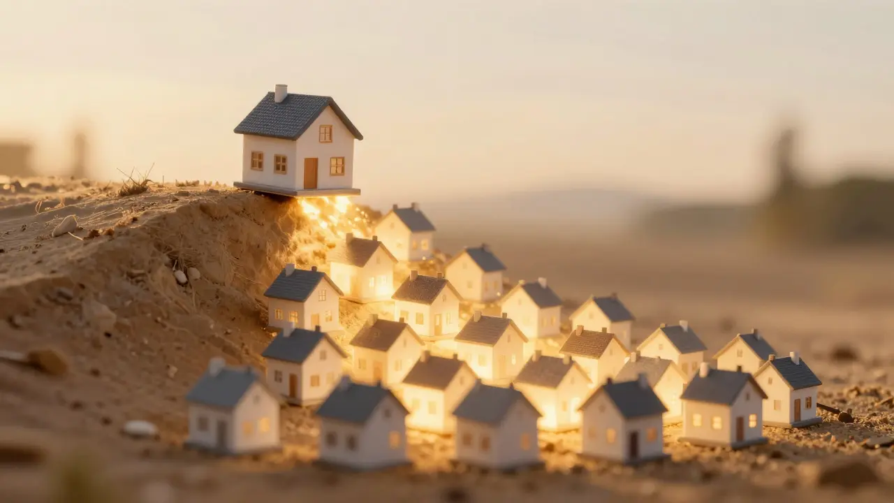 Concepto artístico de una bola de nieve compuesta por casas representando el crecimiento de una cartera.