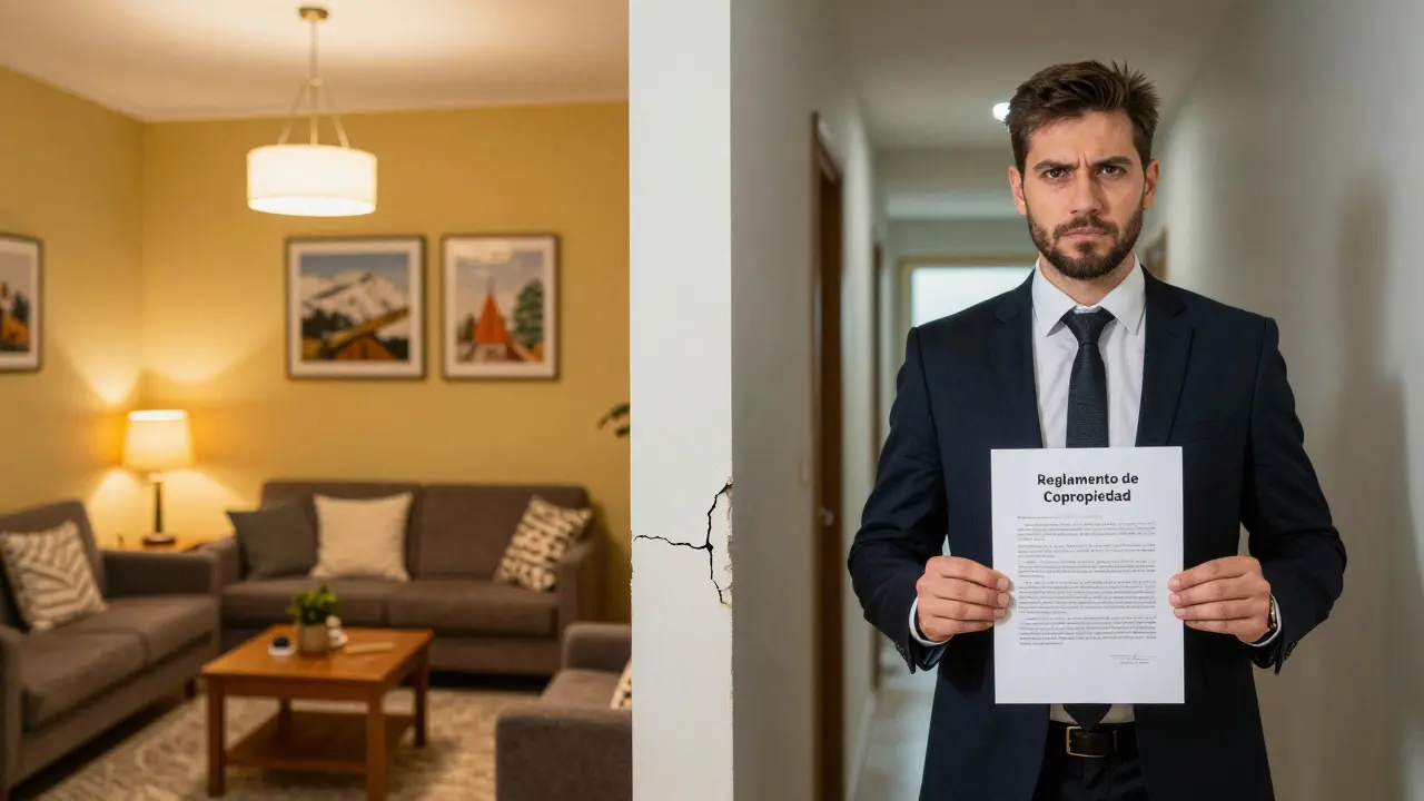 Contraste entre un departamento acogedor y un administrador de edificio con el reglamento.