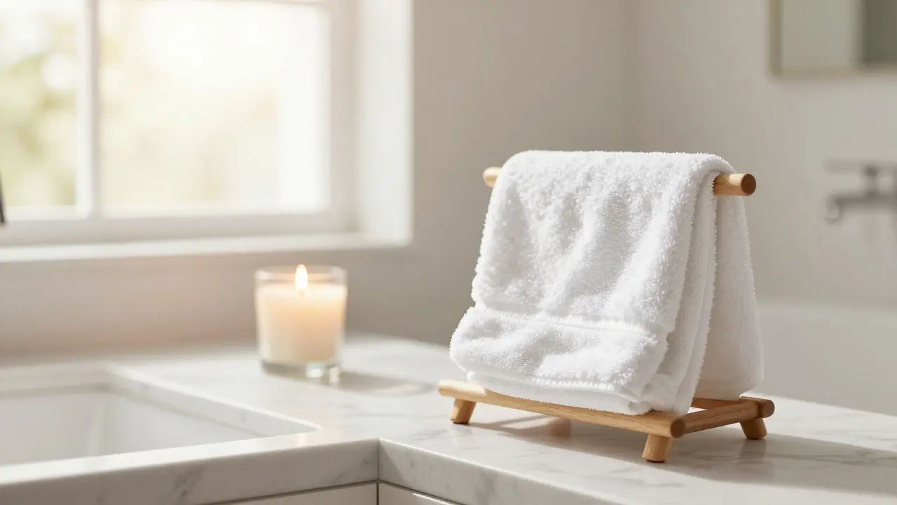 Detalle acogedor de un baño iluminado con luz natural, toallas blancas y una vela