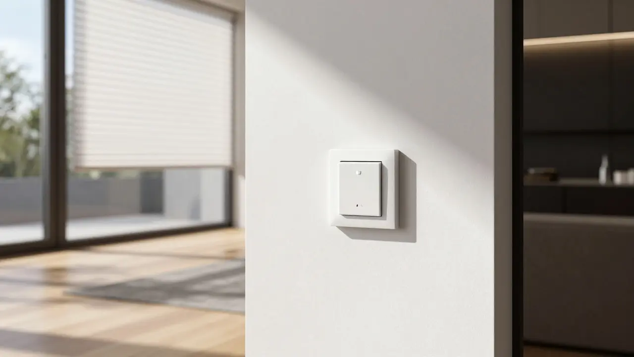 Detalle de interruptor minimalista y persianas automáticas regulando la luz solar.