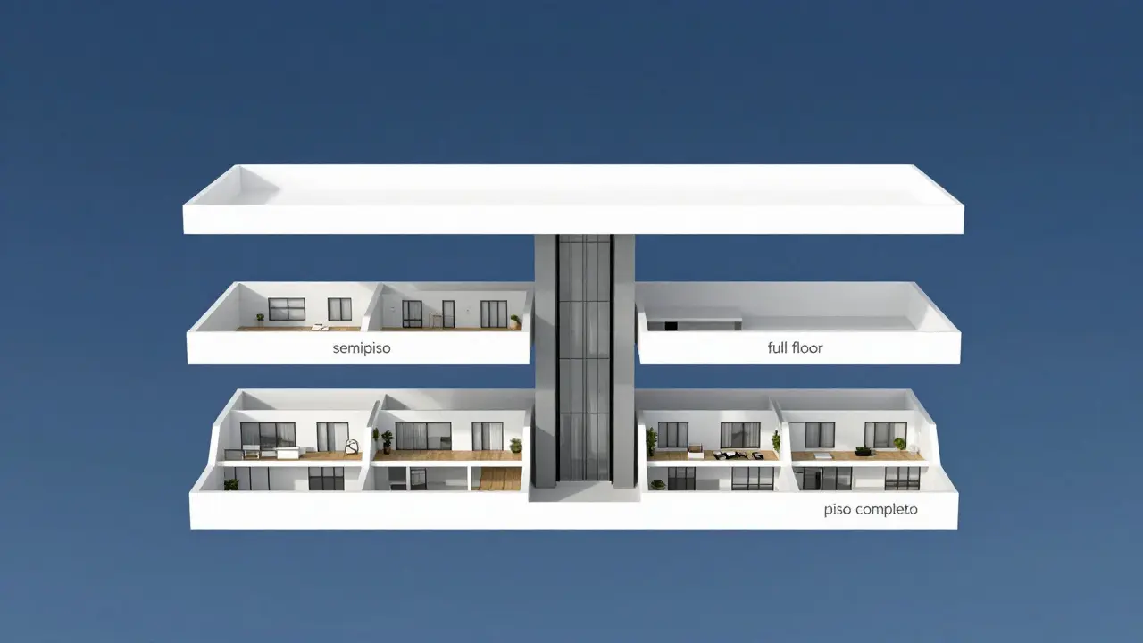 Diagrama arquitectónico comparando departamentos estándar, semipisos y pisos completos.