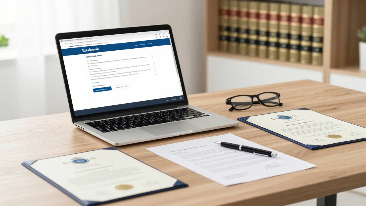 Escritorio de escribano con certificados legales y documentos de propiedad digitales.