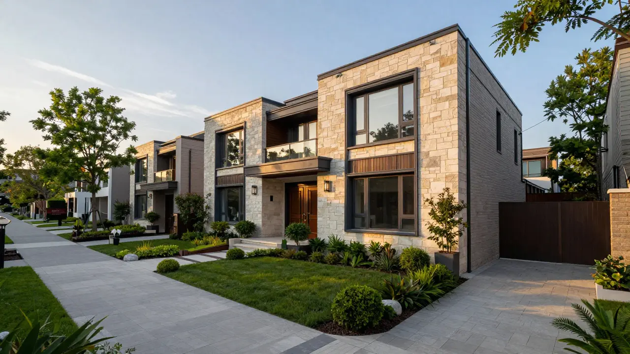 Fachada de un townhouse exclusivo con jardín privado en un barrio residencial sofisticado