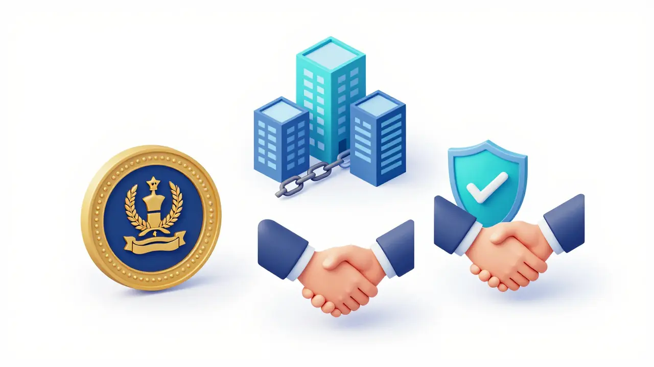 Ilustración 3D de los diferentes tipos de avales: estatales, mutuales, seguros y personales.