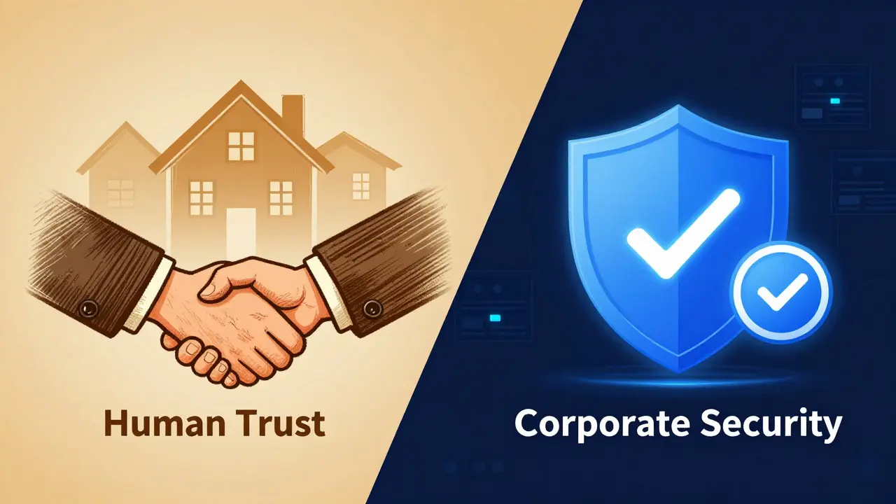 Ilustración comparativa entre la confianza humana de un garante y la seguridad digital de un seguro.