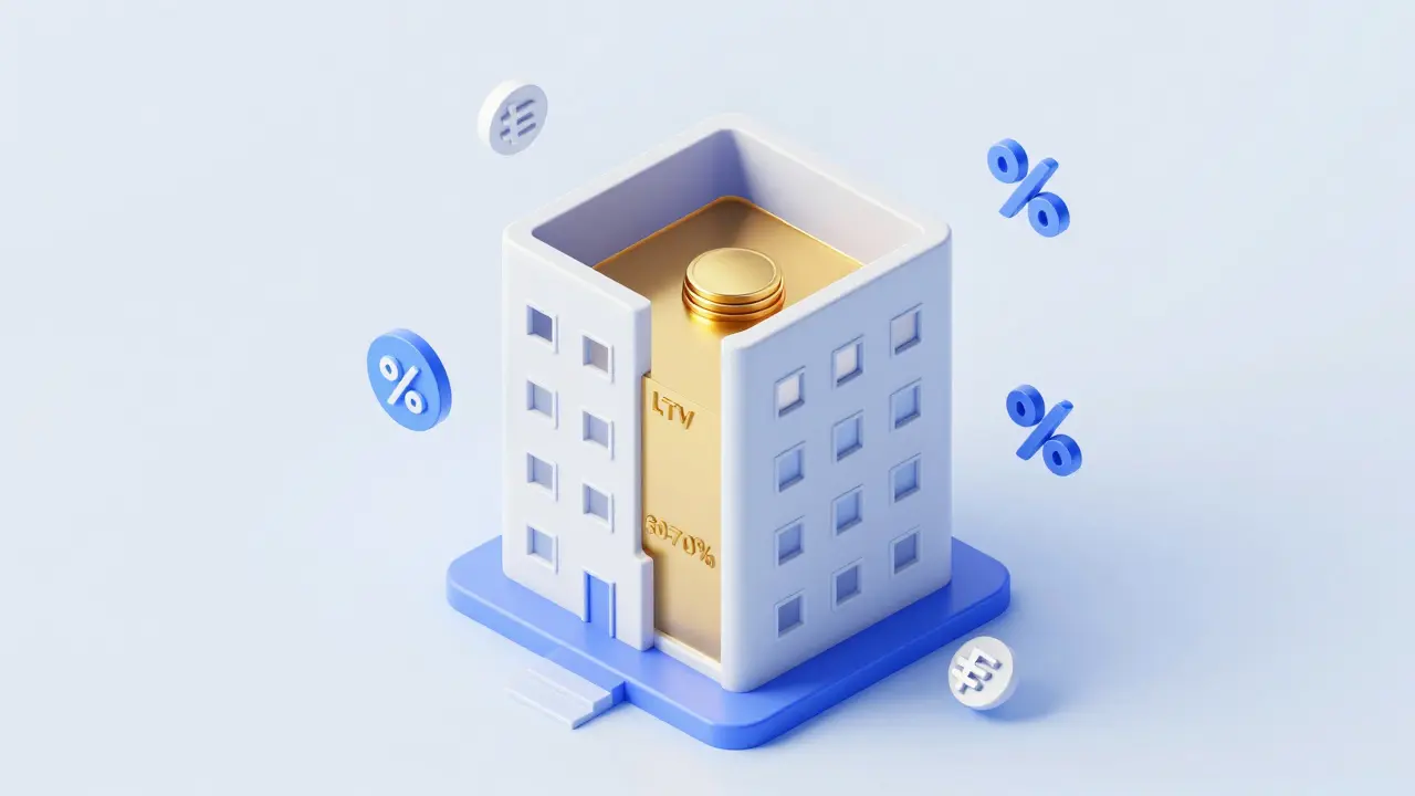 Ilustración conceptual de la proporción de financiación LTV para un inmueble de inversión.