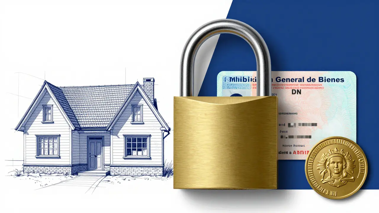 Ilustración conceptual de un candado bloqueando un documento de identidad y una propiedad.