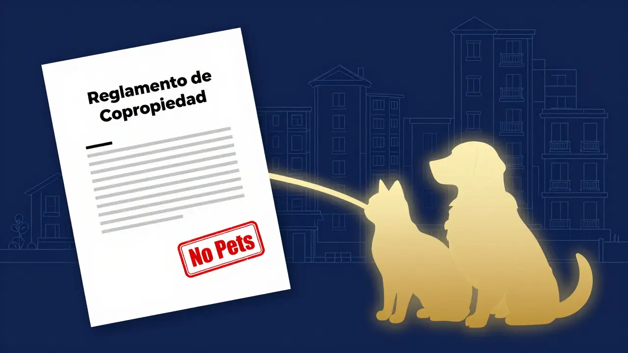 Ilustración conceptual de un reglamento de edificio frente a la silueta de mascotas.