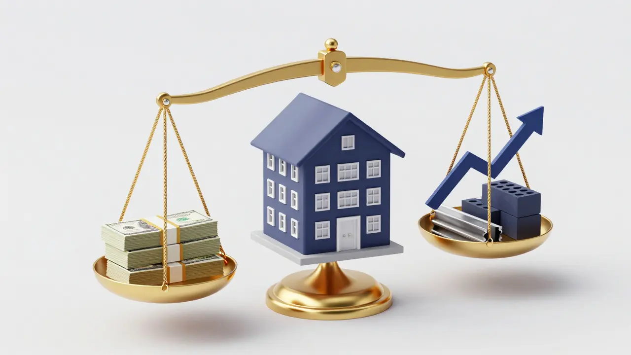 Ilustración conceptual de una balanza comparando dólares con costos de construcción.
