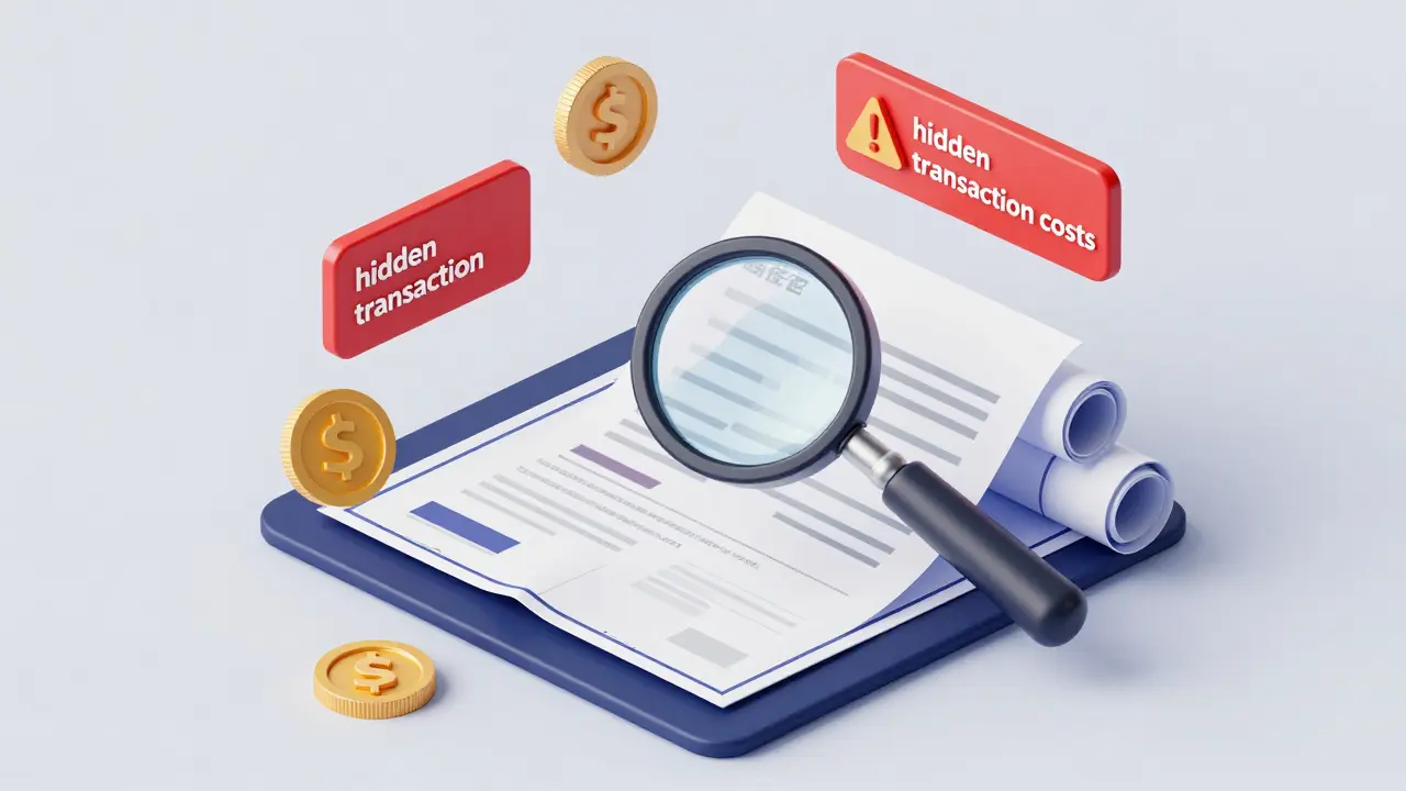 Ilustración conceptual de una lupa revisando documentos legales y costos ocultos de una propiedad.
